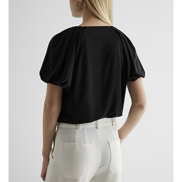 Express Women's Crew Neck Puff Sleeve Bodysuit Size S Black Short Sleeves NWT$58 - Picture 3 of 16